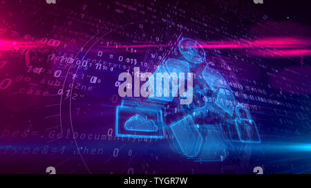 Datenmanagement Hologramm auf dynamische FUTURISTISCHEN Hintergrund. Modernes und futuristisches Konzept von Dateien, die Speicherung, Cyber Security, Computer und digitale p Stockfoto