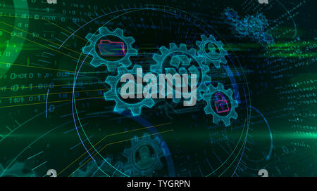 Datenmanagement Hologramm auf dynamische FUTURISTISCHEN Hintergrund. Modernes und futuristisches Konzept von Dateien, die Speicherung, Cyber Security, Computer und digitale p Stockfoto