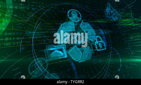 Datenmanagement Hologramm auf dynamische FUTURISTISCHEN Hintergrund. Modernes und futuristisches Konzept von Dateien, die Speicherung, Cyber Security, Computer und digitale p Stockfoto