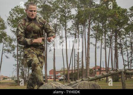 Irish Defence Forces Kapitän Liam McDonnell verhandelt das Vertrauen Kurs mit Serie Commander Kurs Klasse 2-17 an leatherneck Quadrat auf Marine Corps Recruit Depot Parris Island am 9. November 2016. Liam besuchte die Klasse ein besseres Verständnis dafür, wie das US Marine Corps führt Werte based training für Rekruten, Offiziere zu gewinnen, und bohren Sie Ausbilder, um zu verbessern, wie die Irish Defence Forces Verhalten gewinnen Ausbildung und um die Beziehungen zwischen den beiden Armeen der Nation zu stärken. Stockfoto