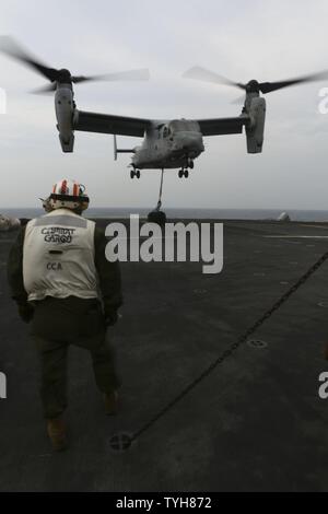 Roten Meer (Nov 9, 2016) Eine MV-22 Osprey B mit 22 Marine Expeditionary Unit (MEU) Cargo hebt das Flight Deck der Amphibisches Schiff USS Wasp (LHD 1) am Nov 9, 2016. Der 22 MEU, eingesetzt mit dem Wasp amphibischen bereit, Gruppe, ist die Durchführung von militärischen Operationen zur Unterstützung der US-amerikanischen nationalen Sicherheitsinteressen in der fünften Flotte Bereich der Operationen. Stockfoto