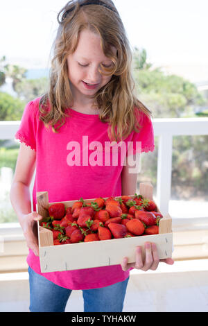 Junge Mädchen, dass eine Kiste frischer Erdbeeren Stockfoto