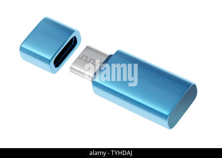 Blau usb-c Flash Stick auf weißem Hintergrund Stockfoto