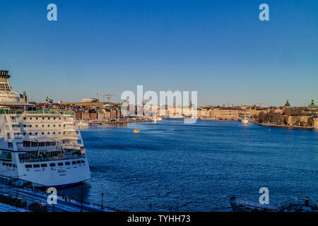 Winter Blick von Fjallgaten Sicht in Richtung Gamla Stan, die Altstadt und die Innenstadt. Stockholm, Schweden. Januar 2019. Stockfoto