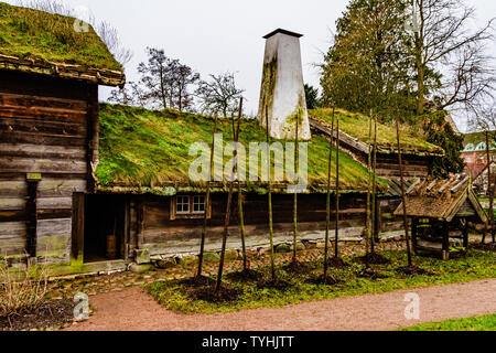 Ein Gras - überdachte Cottage in Kulturen, die älteste Freilichtmuseum der Welt, im Zentrum der Stadt Lund, Schweden. Januar 2019. Stockfoto