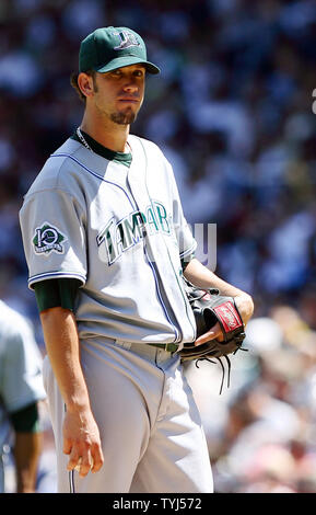 Tampa Bay Devil Rays Krug James Shields reagiert nach oben drei - Homer zu New York Yankees Shelley Duncan laufen im vierten Inning im Yankee Stadium in New York City am 22. Juli 2007. (UPI Foto/John angelillo) Stockfoto