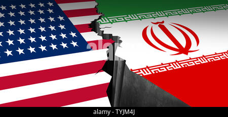 Iran US-Showdown und Konflikt im Nahen Osten als die USA oder Vereinigten Staaten am Persischen Golf Konzept als amerikanische und Iranische Sicherheitsproblem. Stockfoto