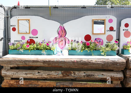 Die weiblichen Toiletten beim Glastonbury Festival, auf der Worthy Farm in Somerset. Water Aid hat speziell für die Bedürfnisse der Frauen entworfene private Kabinen eingerichtet, mit sanitären Einrichtungen, Wasser zum Waschen, einem Regal, Haken und zusätzlichem Platz. Und weibliche Urinale, wo die Benutzer einen Schaft erhalten, haben die Möglichkeit für biologisch abbaubare Tampons. Stockfoto