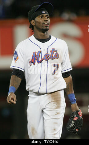 New York Mets "Kurzer Stop Jose Reyes im dritten Inning während der Mets" Spiel gegen die San Francisco Padres am neuen Citi Field Stadium am 13. April 2009 in New York. (UPI Foto/Monika Graff) Stockfoto