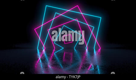 Sci-Fi futuristische Chaotisch abstraktes Farbverlauf Blau Pink Neon leuchtende Rechteck Quadrat auf Reflexion. 3D Rendering illustration Stockfoto