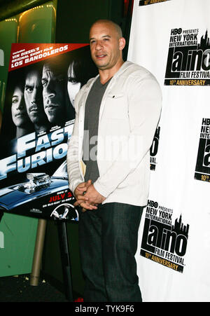 Vin Diesel kommt für den 10. Jahrestag der New York International Latino Film Festival Premiere von "Fast & Furious" / "Los Bandoleros" an der Schule für Bildende Kunst Theater in New York am 29. Juli 2009. (UPI Foto/Laura Cavanaugh) Stockfoto