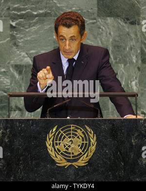 Der französische Präsident Nicolas Sarkozy spricht auf der 64. Generalversammlung der Vereinten Nationen im UN-Gebäude in New York City am 23. September 2009. UPI/John angelillo Stockfoto