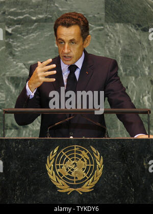 Der französische Präsident Nicolas Sarkozy spricht auf der 64. Generalversammlung der Vereinten Nationen im UN-Gebäude in New York City am 23. September 2009. UPI/John angelillo Stockfoto