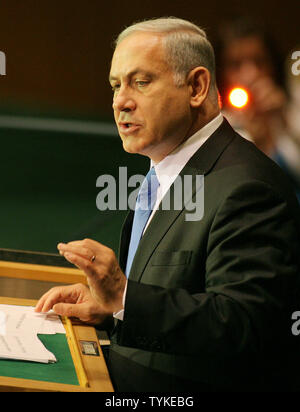Israels Premierminister Benjamin Netanjahu Adressen der 64. Generalversammlung der Vereinten Nationen am 24. September 2009 in New York City. UPI/Monika Graff Stockfoto