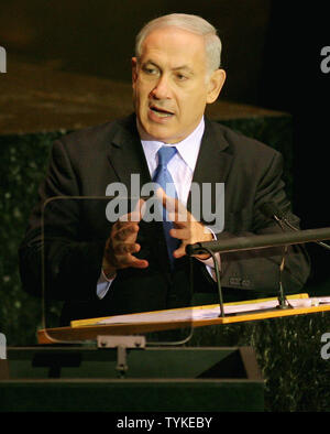 Israels Premierminister Benjamin Netanjahu Adressen der 64. Generalversammlung der Vereinten Nationen am 24. September 2009 in New York City. UPI/Monika Graff Stockfoto