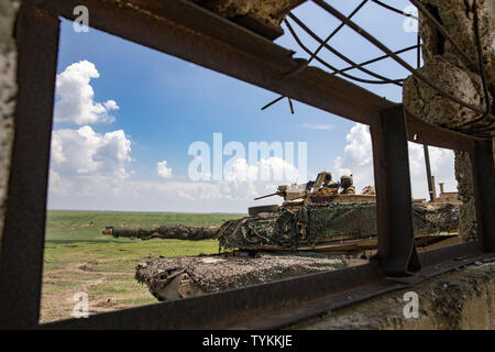 Eine Armee M1 Abrams Tank vom 1.Bataillon, 16 Infanterie Regiment, 1st Armored Brigade Combat Team, 1.Infanterie Division Pausen hinter Abdeckung während einer montiert live fire Übung auf einer Strecke in der Nähe von Smardan, Rumänien, Jun 7, 2019. Montiert Training Übungen helfen, die Soldaten der 1-16 Inf ermöglichen. Eine tödliche Kämpfe Kraft zu sein und ein Wertgegenstand zu NATO-Verbündeten zur Unterstützung der Atlantischen lösen. (U.S. Armee Foto von Sgt. Jeremia Holz) Stockfoto