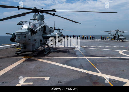 190622-N-NB 544-1522 INDISCHER OZEAN (22. Juni 2019) Segler, die mit dem San Antonio zugeordnet - Klasse amphibious Transport dock Schiff USS John S. Murtha LPD (26) und die US-Marines zugeordnet Marine Medium Tiltrotor Squadron (VMM) 163 (Verstärkt) ein Fremdkörper Fremdkörper Verhalten (FOD) Spaziergang auf dem Schiff Flight Deck. John Murtha ist derzeit auf ihrem ersten Einsatz und ein Teil der Boxer Amphibious Ready Group (ARG) und der 11 Marine Expeditionary Unit (MEU) Team und ist mit dem 7. Flotte, der Einsatz der regionalen Stabilität zu unterstützen, Partner und Verbündete zu beruhigen, und eine Präsenz p Stockfoto