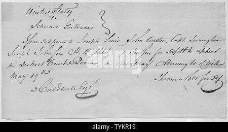 Vorladung von Zeugen im Prozess gegen die Gertrude; Umfang und Inhalt: Die Subpoenaed gehören Joseph Sims, Johannes Coutler, Kapitän Inninghan [original Hand schreiben unklar], Joseph Johnson, und H.B. Kauen. Allgemeine Hinweise: Dieser Fall, in dem das Dokument abgelegt ist, wird auch als United States versus der Schoner Gertrude und Cargo, Oktober 1816 referenziert Stockfoto