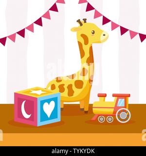 Spielzeug giraffe Zug cube Baby Karte Dusche Stock Vektor