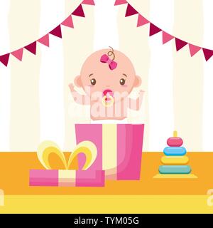 Süße Mädchen kommen aus Geschenkbox baby dusche Stock Vektor