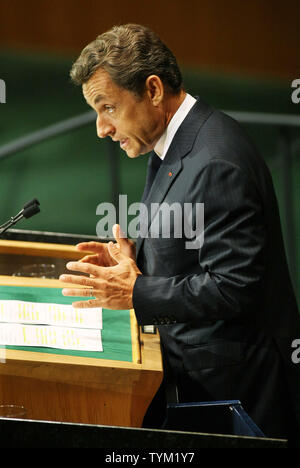 Der französische Präsident Nicolas Sarkozy spricht während der Millenniums-entwicklungsziele Gipfel bei den Vereinten Nationen am 20. September 2010 in New York. UPI/Monika Graff Stockfoto