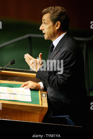 Der französische Präsident Nicolas Sarkozy spricht während der Millenniums-entwicklungsziele Gipfel bei den Vereinten Nationen am 20. September 2010 in New York. UPI/Monika Graff Stockfoto