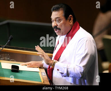 Sri Lankas Präsident Mahinda Rajapaksa spricht auf der 65. Tagung der Generalversammlung der Vereinten Nationen bei der UN am 23. September 2010 in New York. UPI/Monika Graff Stockfoto