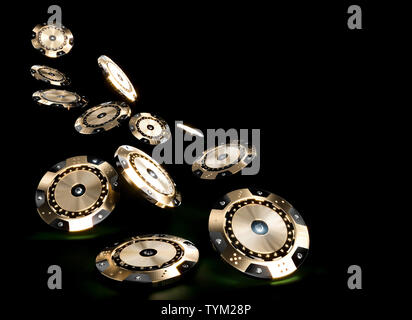 3D-Render Bild von Casino Chips in Schwarz und Gold mit Diamant Einsätze auf einem dunklen Hintergrund. Konzept von Glücksspiel, Luxus und Erfolg. Stockfoto