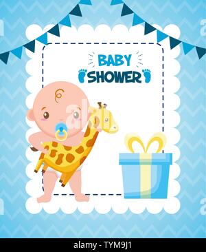 Süße Junge mit Giraffe und Geschenk baby Karte Dusche Stock Vektor