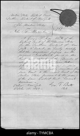 Die Vereinigten Staaten gegen John B. Macomber: Clerk-Zertifizierung; Umfang und Inhalt: Der Fall, in dem das Dokument abgelegt ist, der ist Sklave Handel Strafverfahren, an denen John B. Macomber. Stockfoto