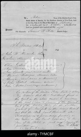 Die Vereinigten Staaten gegen John B. Macomber, Oliver Jacobson sonst Oliver Jackson, (real Name unbekannt) Jose Francisco sonst Jose Frank (real Name unbekannt), Mauricio Rodrigues anders benannte Maurice (real Name unbekannt) & John Battist anders benannte John Batteo (real Name unbekannt): Auftrag zur Überweisung; Umfang und Inhalt: Der Fall, in dem das Dokument abgelegt ist, der ist Sklave Handel Strafverfahren, an denen John B. Macomber, Oliver Jacobson sonst Oliver Jackson, (real Name unbekannt) Jose Francisco sonst Jose Frank (real Name unbekannt), Mauricio Rodrigues oth Stockfoto