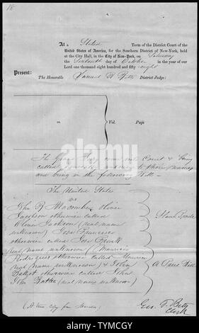 Die Vereinigten Staaten gegen John B. Macomber, Oliver Jacobson sonst Oliver Jackson, (real Name unbekannt) Jose Francisco sonst Jose Frank (real Name unbekannt), Mauricio Rodrigues anders benannte Maurice (real Name unbekannt) & John Battist anders benannte John Batteo (real Name unbekannt): Kopie von der Grand Jury Minuten.; Umfang und Inhalt: Der Fall, in dem das Dokument abgelegt ist, der ist Sklave Handel Strafverfahren, an denen John B. Macomber, Oliver Jacobson sonst Oliver Jackson, (real Name unbekannt) Jose Francisco sonst Jose Frank (real Name unbekannt), Mauricio Rodr Stockfoto