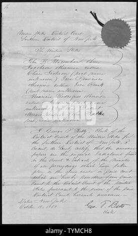 Die Vereinigten Staaten gegen John B. Macomber, Oliver Jacobson sonst Oliver Jackson, (real Name unbekannt) Jose Francisco sonst Jose Frank (real Name unbekannt), Mauricio Rodrigues anders benannte Maurice (real Name unbekannt) & John Battist anders benannte John Batteo (real Name unbekannt): die Sekretärin Zertifizierung.; Umfang und Inhalt: Der Fall, in dem das Dokument abgelegt ist, der ist Sklave Handel Strafverfahren, an denen John B. Macomber, Oliver Jacobson sonst Oliver Jackson, (real Name unbekannt) Jose Francisco sonst Jose Frank (real Name unbekannt), Mauricio Rodrigues o Stockfoto