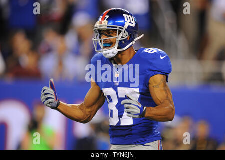 New York Giants wide receiver Domenik Hixon (87) reagiert nach einem 39 yard Rezeption gegen die Dallas Cowboys im dritten Quartal in Woche 1 der NFL Saison an MetLife Stadium in East Rutherford, New Jersey am 5. September 2012. UPI/Rich Kane Stockfoto