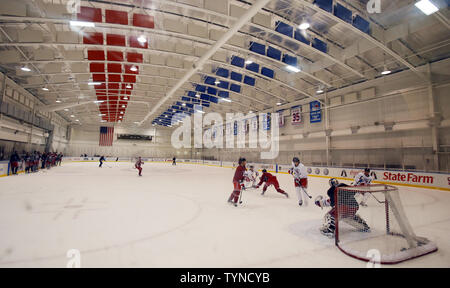 Die New York Rangers team Praxis an der Praxis-service Förster in Greenburgh, NY Am 14. Januar 2013. Die NHL und seinen Spielern eine Vereinbarung, dass die Aussperrung endete damit die Liga der verkürzten Saison 2013 noch in dieser Woche zu starten. UPI/John angelillo Stockfoto