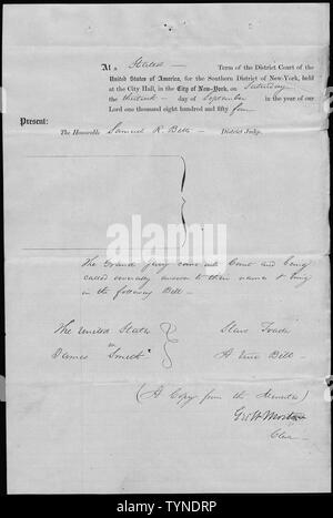 United States v. James Smith: Kopieren Sie aus dem Protokoll der Grand Jury.; Umfang und Inhalt: Der Fall, in dem das Dokument abgelegt ist, der ist Sklave Handel Strafverfahren mit James Smith. Stockfoto