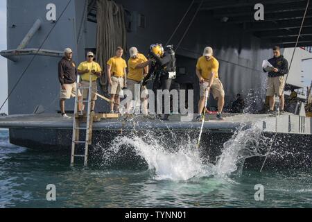 Ein U.S. Army engineer Taucher mit der 511 . Ingenieur Dive Loslösung von Fort Eustis, Virginia, springt von der MG Charles S. Brutto (Logistik Support Vessel-5) und in den Persischen Golf vor der Küste von Kuwait Naval Base, zu üben Tauchen verfahren Nov. 18, 2016. Die zwei Woche Training, Betrieb Deep Blue, erforderliche Armee Taucher ihre Tauchgänge Verfahren zu üben und Reagieren auf Unterwasser Notfallszenarien. Stockfoto