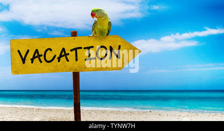 Holzschild an einem wunderschönen Strand und dem klaren Meer wit Text Urlaub. Eine grüne Papagei sitzt auf einem Zeiger auf ein tropisches Paradies. Es ist Sommer. Stockfoto