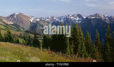 USA, Washington, Olympic National Park, Blick aus der Nähe von Behinderung Peak in Richtung McCartney Peak und die umliegenden Gipfel der zentralen Olympischen Berge. Stockfoto