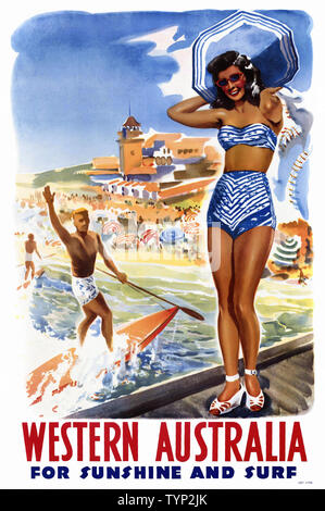 Western Australia für Sonne und Surfen. 1940 veröffentlicht. Künstler unbekannt. Vintage Travel Poster wiederhergestellt. Stockfoto