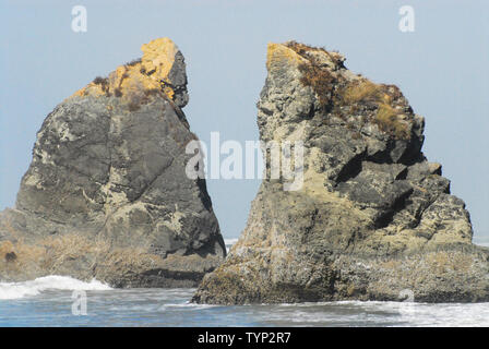 Auf dem Pazifischen Ozean Küste der Olympic National Park, alte Stein Aufstände erstellen Sie schöne kontrastierende Kuriositäten entlang der Küste. Stockfoto