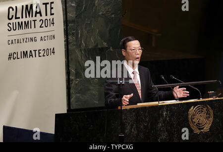 Chinesischen Vizepremier Zhang Jaili spricht auf dem UN-Klimagipfel einen Tag vor der 69. Generalversammlung der Vereinten Nationen im UN-Gebäude in New York City am 23. September 2014. 'Ereignisse Klima Woche NYC' werden festgelegt durch Sonntag, 28.September. UPI/John angelillo Stockfoto