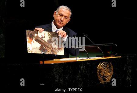 Der israelische Premierminister Benjamin Netanjahu spricht auf der 69. Generalversammlung der Vereinten Nationen die allgemeine Debatte im UN-Gebäude in New York City am 29. September 2014. Die Mitgliederversammlung, bestehend aus alle 193 Mitglieder der Vereinten Nationen, ist ein einzigartiges Forum für multilaterale Diskussion über das gesamte Spektrum der internationalen Themen. UPI/Dennis Van Tine Stockfoto