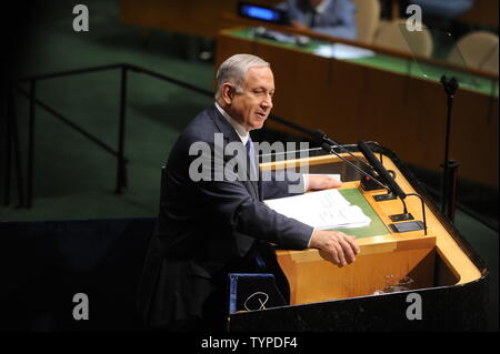 Der israelische Premierminister Benjamin Netanjahu spricht auf der 69. Generalversammlung der Vereinten Nationen die allgemeine Debatte im UN-Gebäude in New York City am 29. September 2014. Die Mitgliederversammlung, bestehend aus alle 193 Mitglieder der Vereinten Nationen, ist ein einzigartiges Forum für multilaterale Diskussion über das gesamte Spektrum der internationalen Themen. UPI/Dennis Van Tine Stockfoto