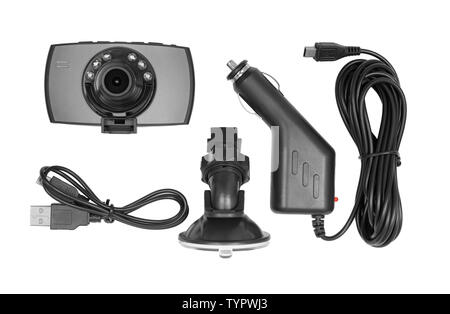 Dashboard Kamera DVR Video Recorder Set auf weißem Hintergrund Stockfoto