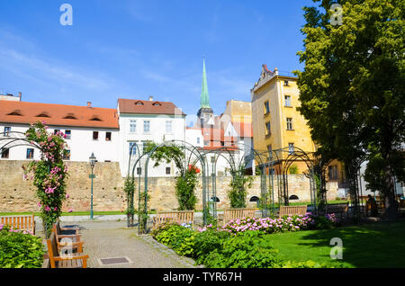 Historische Gebäude im Stadtzentrum mit Dom St. Bartholomäus von benachbarten grünen Park in Krizikovy SADY fotografiert, Pilsen, Tschechische Republik. Plzen, Westböhmen. Stockfoto