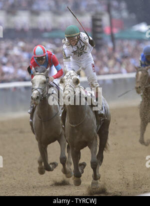 Jockey Irad Ortiz Jr. reagiert beim Reiten Creator nach dem Überqueren der Ziellinie der 148 läuft der Belmont Stakes am 11. Juni 2016 an der Belmont Park Racetrack in Elmont, New York zu gewinnen. Schöpfer der Run auf der Strecke Fänge Destin durch eine Nase zu gewinnen, mit Lani kommen in der dritten. Foto von John angelillo/UPI Stockfoto