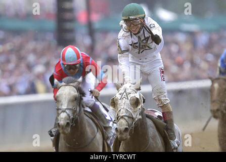 Jockey Irad Ortiz Jr. reagiert beim Reiten Creator nach dem Überqueren der Ziellinie der 148 läuft der Belmont Stakes am 11. Juni 2016 an der Belmont Park Racetrack in Elmont, New York zu gewinnen. Schöpfer der Run auf der Strecke Fänge Destin durch eine Nase zu gewinnen, mit Lani kommen in der dritten. Foto von John angelillo/UPI Stockfoto