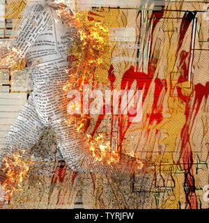 Abstraktion. Brennende Abbildung von Papier Mann. Flecken und Strichen im Hintergrund. Stockfoto