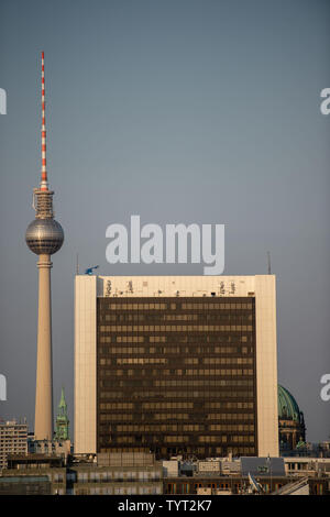 Berlin, Deutschland. 26 Juni, 2019. Der Fernsehturm (l) und der Berliner Dom im Abendlicht. Credit: Lisa Ducret/dpa/Alamy leben Nachrichten Stockfoto